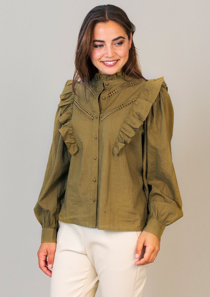 Celeste green-brown blouse with ruffles and open embroidered details |  Circle Of Trust official webshop